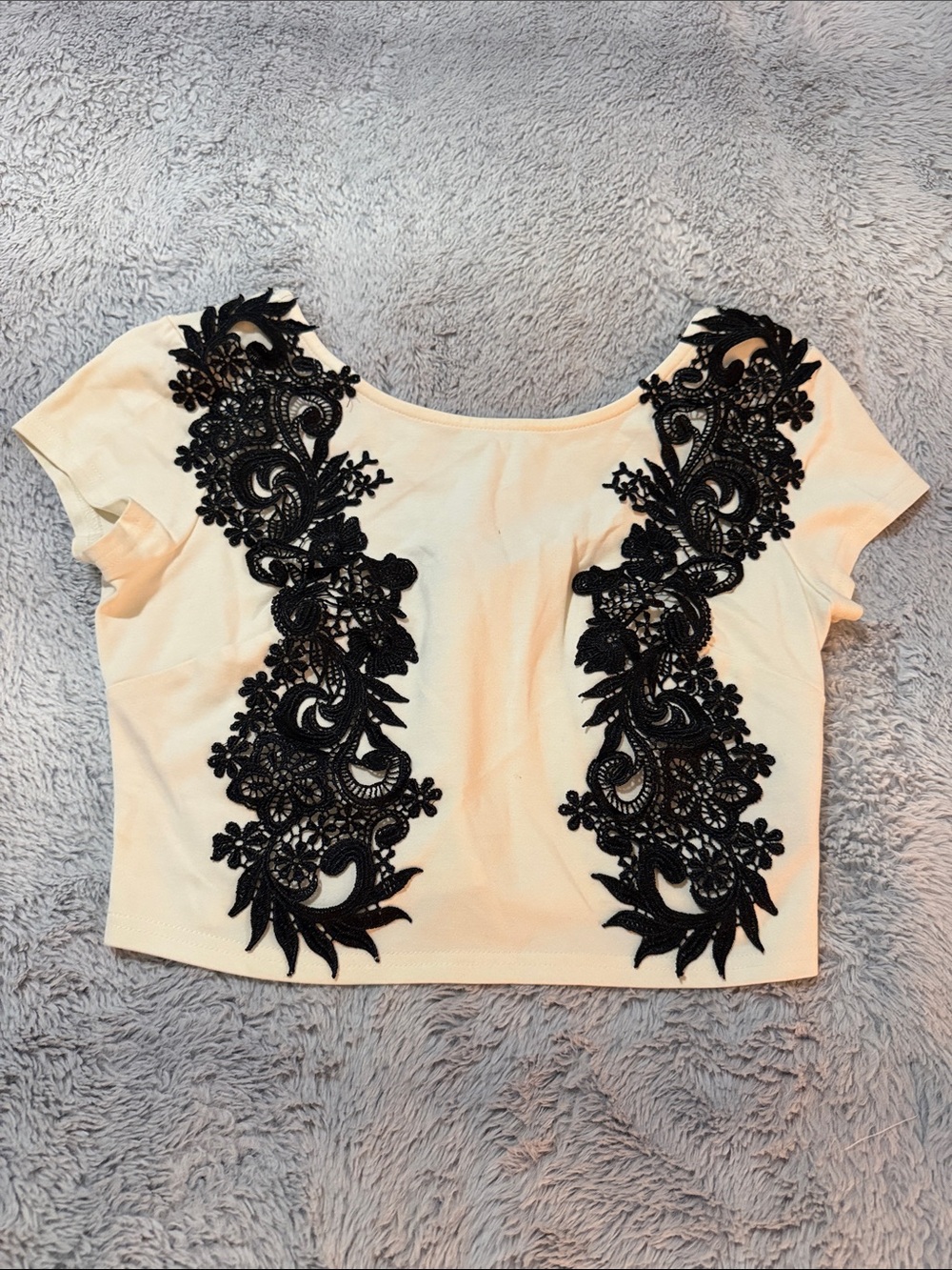 Women’s Cream Crop Top with Black Lace Appliqué